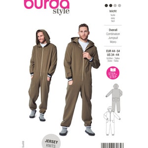 May include: A sewing pattern for a hooded jumpsuit, with instructions for sizes EUR 44-54 and US 34-44. The pattern is labeled "burda style" and "6065". The pattern is for a jersey knit fabric.