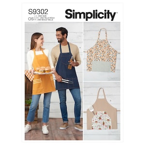 May include: Simplicity sewing pattern S9302 for making aprons. The pattern includes four different apron styles: a denim apron with a pocket, a yellow apron with a pocket, a floral print apron with a pocket, and a tan apron with a pocket. The pattern is for one size.
