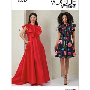 Puede incluir: Patr&oacute;n de costura Vogue Patterns para un vestido con dos variaciones. La primera variaci&oacute;n es un vestido corto negro con estampado floral y mangas con volantes. La segunda variaci&oacute;n es un vestido largo rojo con mangas con volantes. El n&uacute;mero de patr&oacute;n es V2087. Dise&ntilde;ado e impreso en los EE. UU.