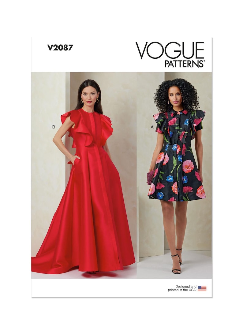 Puede incluir: Patr&oacute;n de costura Vogue Patterns para un vestido con dos variaciones. La primera variaci&oacute;n es un vestido corto negro con estampado floral y mangas con volantes. La segunda variaci&oacute;n es un vestido largo rojo con mangas con volantes. El n&uacute;mero de patr&oacute;n es V2087. Dise&ntilde;ado e impreso en los EE. UU.