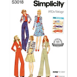 May include: A vintage Simplicity sewing pattern for women's clothing from the 1970s. The pattern includes four different styles: a red pantsuit, a blue and white striped top with a red skirt, a beige skirt with a red and white striped top, and a green pantsuit. The pattern is labeled "S3018" and "1970s Vintage".