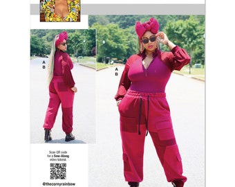 May include: A sewing pattern for a red jumpsuit with a zipper and a high neckline. The pattern is called "knowME" by mimig and is part of the "The Corny Rainbow" collection. The pattern number is ME2055.