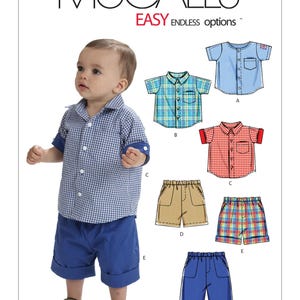 May include: A sewing pattern for a baby boy's shirt and shorts. The pattern includes six different options for the shirt and shorts, including a blue plaid shirt, a red plaid shirt, a blue solid shirt, tan shorts, blue shorts, and plaid shorts. The pattern is called "McCall's Easy Endless Options".