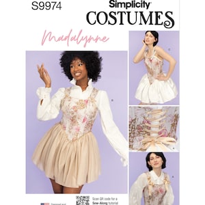 May include: A sewing pattern for a Madalynne costume. The pattern includes a corset top with a floral print and a tulle skirt. The pattern is designed and printed in the USA.