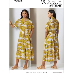 May include: Vogue Patterns V2024 Rachel Comey dress pattern featuring a yellow and white printed midi dress with a collared neckline and short sleeves. Designed and printed in the USA.