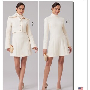 May include: McCall's pattern M8626 features two ivory-colored dress designs. One is a mini dress with a matching cropped jacket, and the other is a long-sleeved mini dress. The pattern is designed and printed in the USA.
