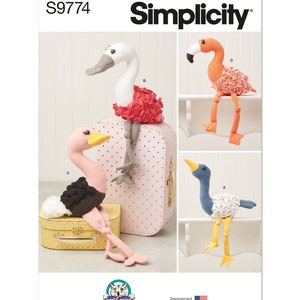 May include: A sewing pattern for making three plush toy birds: a flamingo, an ostrich, and a duck. The pattern is called Simplicity S9774 and is designed and printed in the USA.