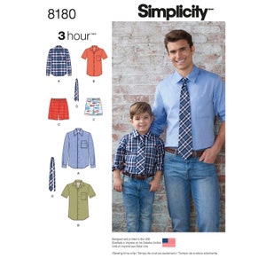 May include: A Simplicity sewing pattern for a shirt and shorts. The pattern includes instructions for making a long-sleeved shirt, a short-sleeved shirt, and a pair of shorts. The pattern is for sizes 8180.