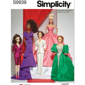 May include: Simplicity sewing pattern S9939 for making clothes for 11 1/2 inch dolls. The pattern includes five different outfits: a pink dress, a purple gown, a white pantsuit, a red suit, and a green gown with a silver top.