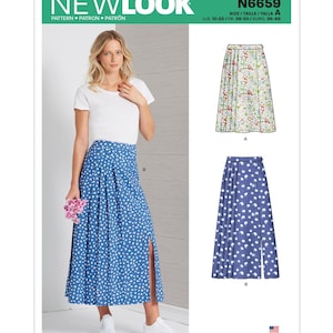 May include: A woman wearing a white t-shirt and a blue polka dot skirt with a high slit. The image also shows a sewing pattern for two different skirt designs. The pattern is labeled "New Look" and includes sizing information.