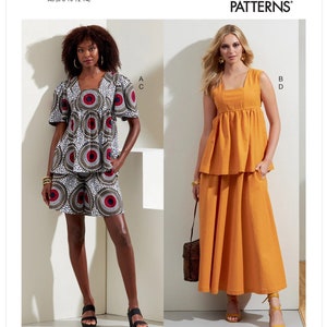 May include: Vogue Patterns sewing pattern V1871. The image shows two women modeling different outfits. One outfit is a short-sleeved top and shorts with a white, red, and brown circular pattern. The other outfit is a sleeveless top and a long skirt in a solid orange color.