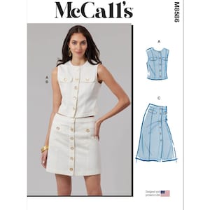May include: A sewing pattern for a sleeveless top and skirt. The pattern is for McCall's pattern number M8586. The model is wearing a white top and skirt with gold buttons. The pattern includes a separate illustration of the top and skirt.