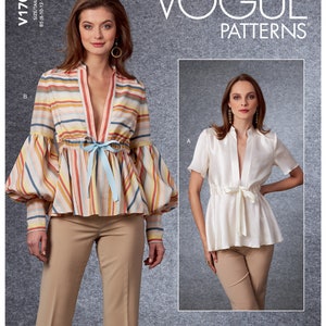 May include: Vogue Patterns V1700 sewing pattern for a blouse with a deep V-neckline and a tie at the waist. The pattern includes two variations: one with long sleeves and a striped fabric, and one with short sleeves and a solid white fabric.