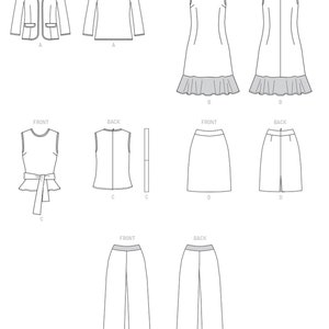 May include: Line drawing of five different clothing patterns, labelled with the words "front" and "back". The patterns include a blazer, a dress, a top, a skirt, and trousers.