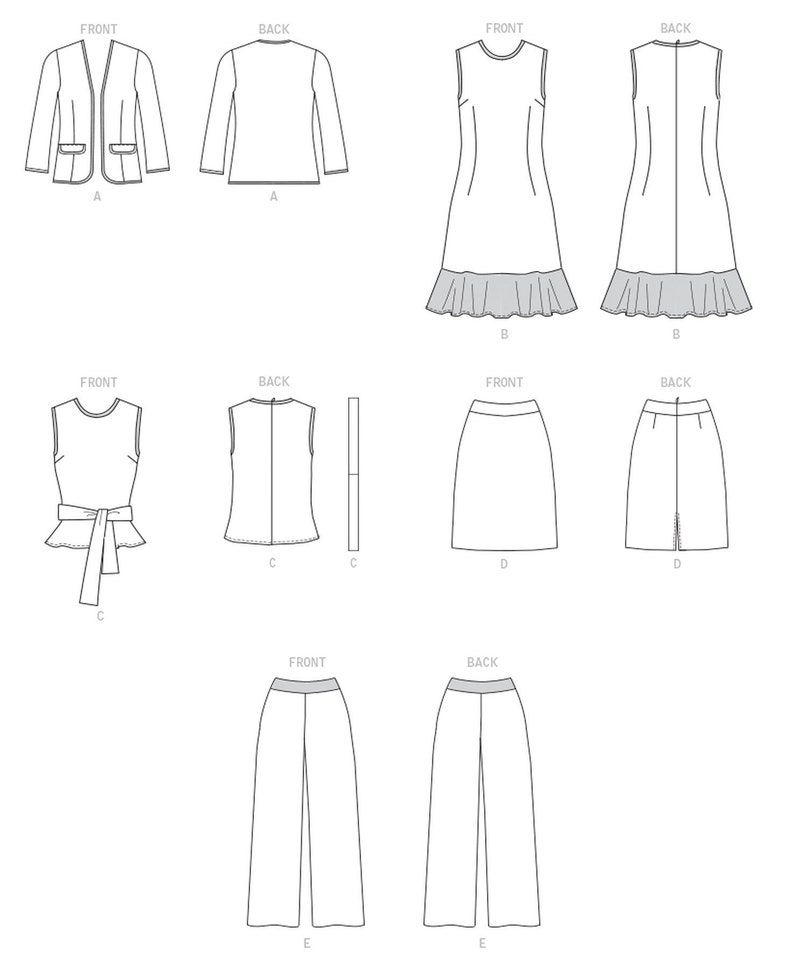 May include: Line drawing of five different clothing patterns, labelled with the words "front" and "back". The patterns include a blazer, a dress, a top, a skirt, and trousers.