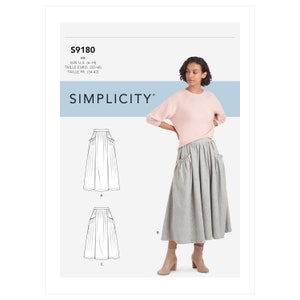May include: A sewing pattern for a skirt with two different styles. The pattern is for sizes 6-14, 32-40, and 34-42. The pattern is from Simplicity.