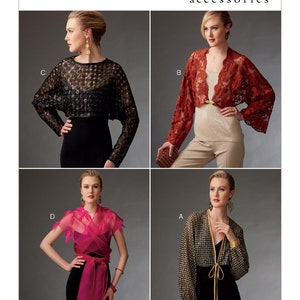 May include: Four different styles of sheer lace tops with long sleeves. The tops are shown on models wearing different colors of dresses. The tops are all designed to be worn as a layering piece. The pattern is V9276.