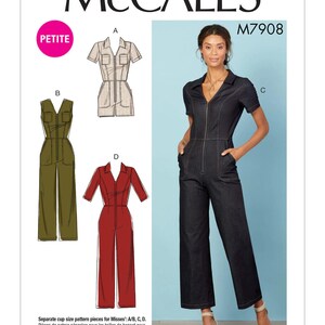 May include: McCall's sewing pattern M7908 for a jumpsuit with separate cup size pattern pieces for Misses: A/B, C, D. The pattern includes four different styles of jumpsuits: a short-sleeved jumpsuit with a collared neckline, a sleeveless jumpsuit with a V-neckline, a long-sleeved jumpsuit with a collared neckline, and a long-sleeved jumpsuit with a V-neckline.