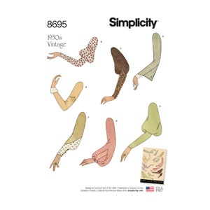 May include: A vintage sewing pattern for sleeves, featuring seven different styles of sleeves. The pattern is from Simplicity and is numbered 8695. The sleeves are illustrated in various colors and patterns, including leopard print, polka dots, and floral designs.