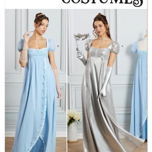 May include: Simplicity Costumes pattern S3263 featuring two elegant gowns. One is a light blue empire waist dress with floral accents and button details. The other is a silver metallic gown with long gloves and a masquerade mask.