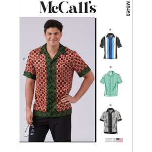 May include: McCall's sewing pattern M8459 for a short-sleeved shirt with a collar. The pattern includes three different styles: a striped shirt, a solid green shirt, and a patterned shirt. The pattern is designed and printed in the USA.