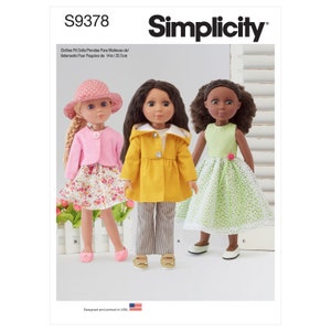 May include: Simplicity pattern S9378 for doll clothes. Three dolls are dressed in various outfits: a pink jacket and floral skirt, a yellow hooded coat and striped pants, and a green dress with white polka dots. The pattern is designed for 14-inch dolls.