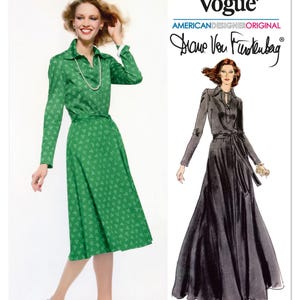 May include: A vintage sewing pattern from Very Easy Vogue, featuring a green dress with a white floral pattern and a matching belt. The pattern includes a drawing of a long black dress. The text reads "Diane Von Furstenberg".
