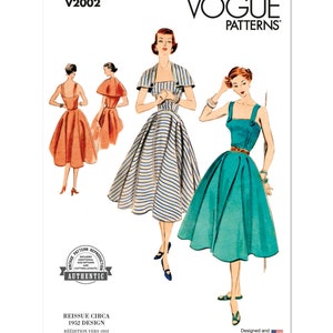 May include: Vintage sewing pattern for a dress with three different styles. The pattern is for a dress with a fitted bodice and a full skirt. The dress is shown in three different colors: red, blue and white. The pattern is from Vogue Patterns and is a reissue of a 1952 design.