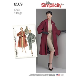 May include: A vintage Simplicity sewing pattern from the 1950s, featuring illustrations of women's coats and dresses. The image includes a woman wearing a long, burgundy coat with a belt, gloves, and a dress. The pattern is marked "8509".