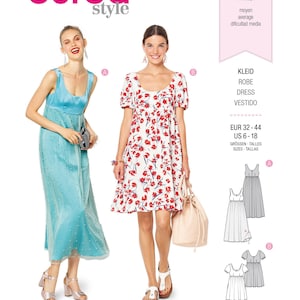 May include: Two women modeling two different styles of dresses. The dress on the left is a light blue sleeveless dress with a beaded design. The dress on the right is a white dress with a red floral print and short sleeves. The text on the image reads "burda style" and "6312".