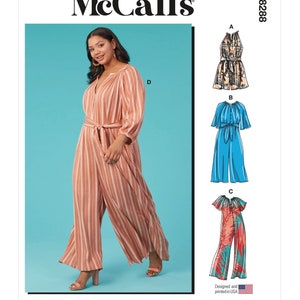 May include: McCall's sewing pattern M8288 for a jumpsuit with three different styles. The pattern includes a striped jumpsuit, a blue jumpsuit, and a floral jumpsuit. The pattern is designed and printed in the USA.