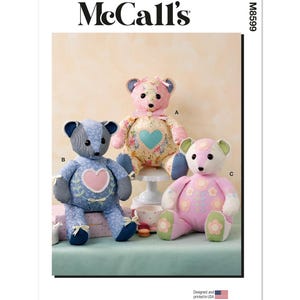 May include: Three plush teddy bear sewing patterns with different fabric designs. The bears are sitting on a table with a teacup and a macaron. The pattern numbers are McCall's M8599.