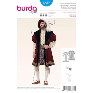 May include: A sewing pattern for a red and black Renaissance-style costume. The pattern includes a long coat with a fur collar, a shirt with puffed sleeves, pants, and boots. The pattern is for sizes EUR 46-60 and US 36-50.