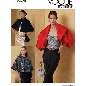 May include: Vogue Patterns V2078. Image features three different cape designs. One is black velvet, another is a red satin cape, and the third is a silver and black patterned cape. The Vogue Patterns logo is in the upper right corner.