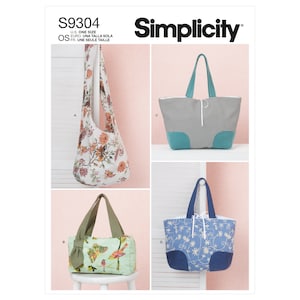 May include: Simplicity sewing pattern S9304 for making four different bags. The pattern includes instructions for a floral print hobo bag, a green and white tote bag with a bow, a black and white checkered tote bag, and a blue floral tote bag.