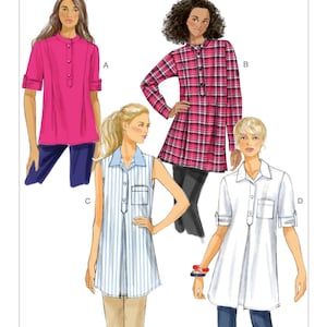 May include: Four different styles of women's shirts are shown in this sewing pattern. The pattern is called Butterick B6099. The shirts are a pink solid, a plaid, a striped, and a white solid.