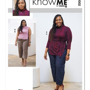 May include: A sewing pattern for a top and pants. The top is a long-sleeved, high-necked top with a tie at the waist. The pants are a straight-leg style. The pattern is called "knowME" by mimig and is designed and printed in the USA.