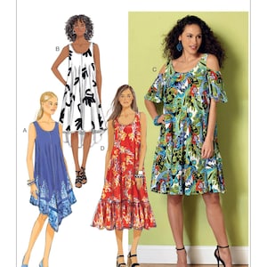 May include: A sewing pattern for a dress with four different styles. The pattern is called Butterick B6350. The dress styles include a high-low dress with a black and white print, a red and orange floral print dress with a ruffle hem, a blue dress with a white trim, and a green and blue paisley print dress with cold shoulder sleeves.