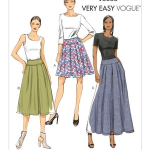 May include: Illustration of three women modeling different skirt styles. The skirts are paired with various tops. The image includes the text "V9090 VERY EASY VOGUE®". The skirts are in different colors and patterns.