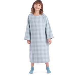 May include: A light blue and white checkered nightgown with long sleeves and a pocket on the left side.
