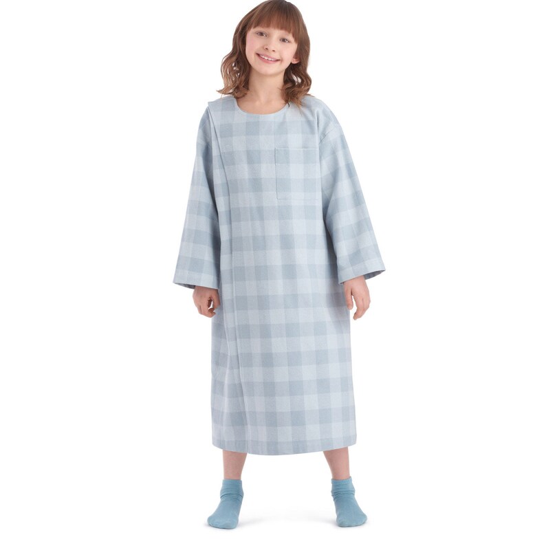 May include: A light blue and white checkered nightgown with long sleeves and a pocket on the left side.