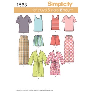 May include: A sewing pattern for pajamas and a robe. The pattern includes a variety of styles, including a tank top, a striped tank top, a short-sleeved t-shirt, a long-sleeved t-shirt, shorts, pants, and a robe. The pattern is for sizes A-E. The pattern is for guys and gals. The pattern is for a 2-hour project. Simplicity 1563.