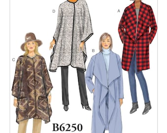 May include: A sewing pattern for four different styles of coats. The pattern is called B6250 Fast & Easy Butterick. The coats are in a variety of colors and patterns, including a red and black plaid, a light blue, a brown and tan, and a gray and white.