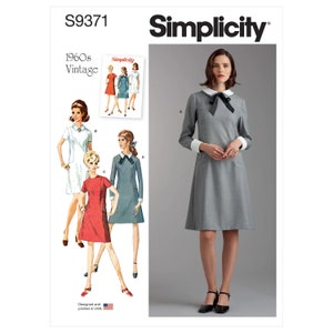 May include: Simplicity sewing pattern S9371 for a 1960s vintage dress with a Peter Pan collar and bow tie. The pattern includes three different styles: a dress with a white collar and cuffs, a dress with a blue collar and cuffs, and a dress with a red collar and cuffs.