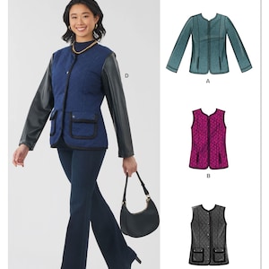 May include: A woman wearing a quilted blue vest with black faux leather sleeves and a black handbag. The image also shows three different jacket designs: a teal jacket, a magenta vest, and a black quilted vest. The text "NEWLOOK" and "N6812" are visible.