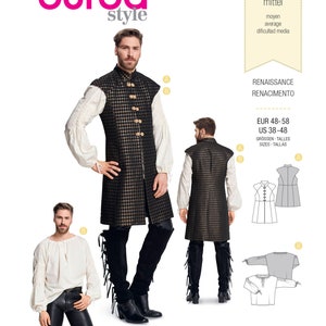 May include: Burda Style pattern 6399 for Renaissance-style clothing. The image shows a man wearing a black and gold patterned vest with gold buttons, a white blouse, and black boots. The pattern includes sizes US 38-48.