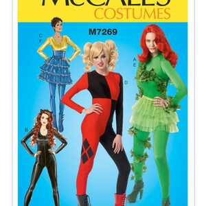 May include: McCall's Costumes sewing pattern M7269 for making four different superhero costumes. The pattern includes a red and black costume, a green costume with vines, a black costume with a cat ears headband, and a blue and yellow costume with a ruffled skirt.