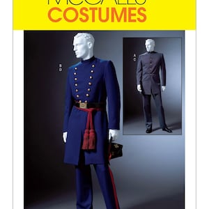 May include: A McCall's Costumes sewing pattern for a men's Civil War era uniform. The pattern includes a long coat with a red sash and a pair of pants with red stripes down the sides.