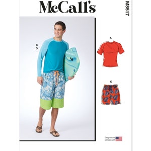 May include: Sewing pattern for men's swimwear, including a long-sleeved shirt with a blue and turquoise color block design, a short-sleeved red shirt, and two pairs of swim trunks with different patterns. The pattern is McCall's M8517.