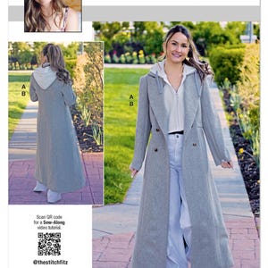 May include: A woman models a light gray, hooded, double-breasted coat. The coat is floor-length and has a tailored fit. The image includes the text "THE STITCH FITZ knowME BY mimiG" and "ME2139". The pattern is designed and printed in the USA.